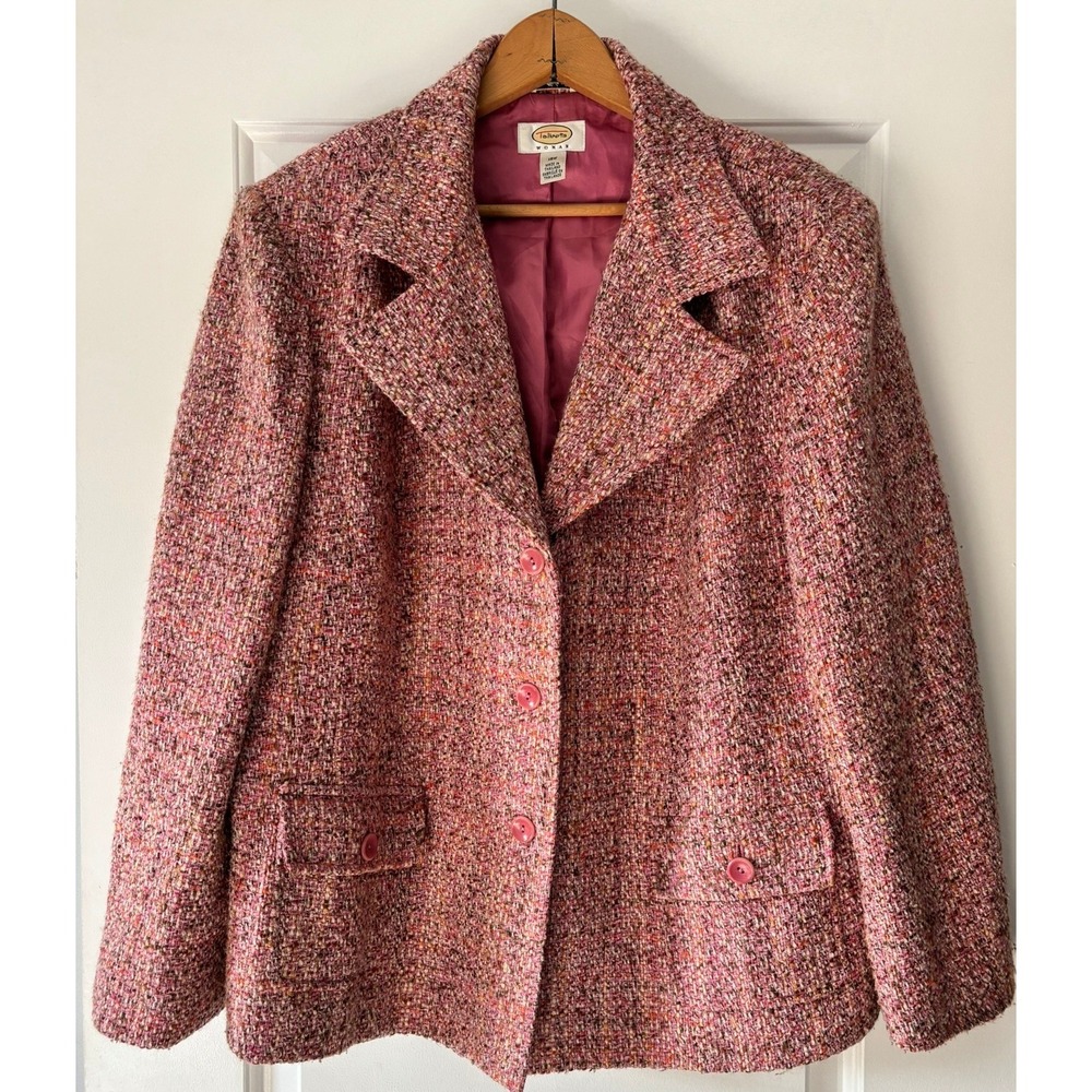 Talbots Tweed Blazer Women 16W Pink Multicolor Button Front Lined Professional